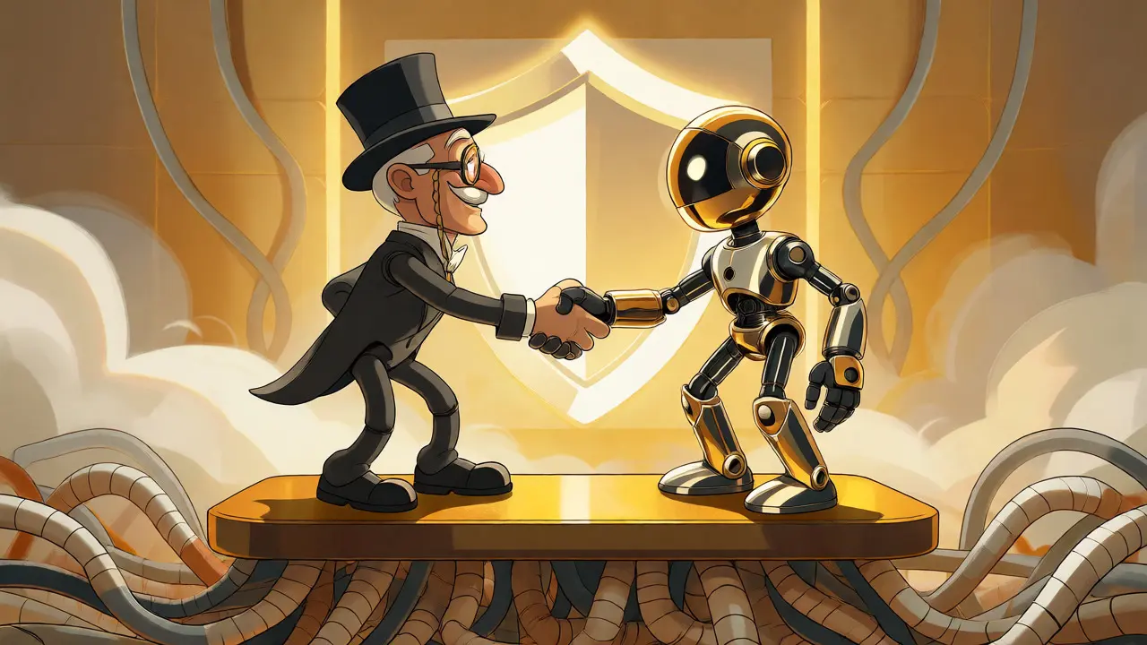 An elderly gentleman shaking hands with a golden robot on a stable floating platform.