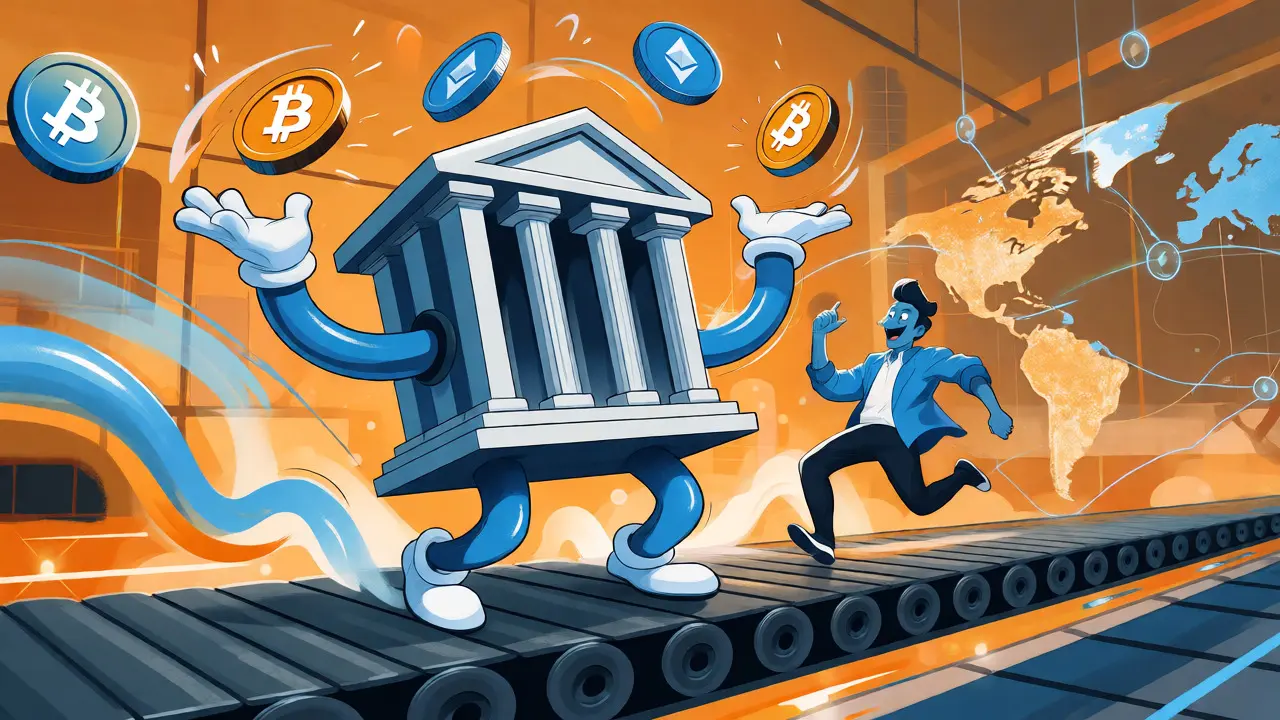 Animated bank building juggling crypto coins on fast conveyor belt