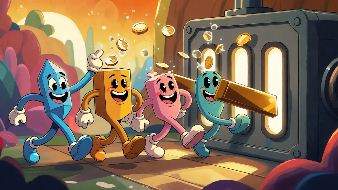 Animated mascots locking crypto assets to generate new tokens in a vault
