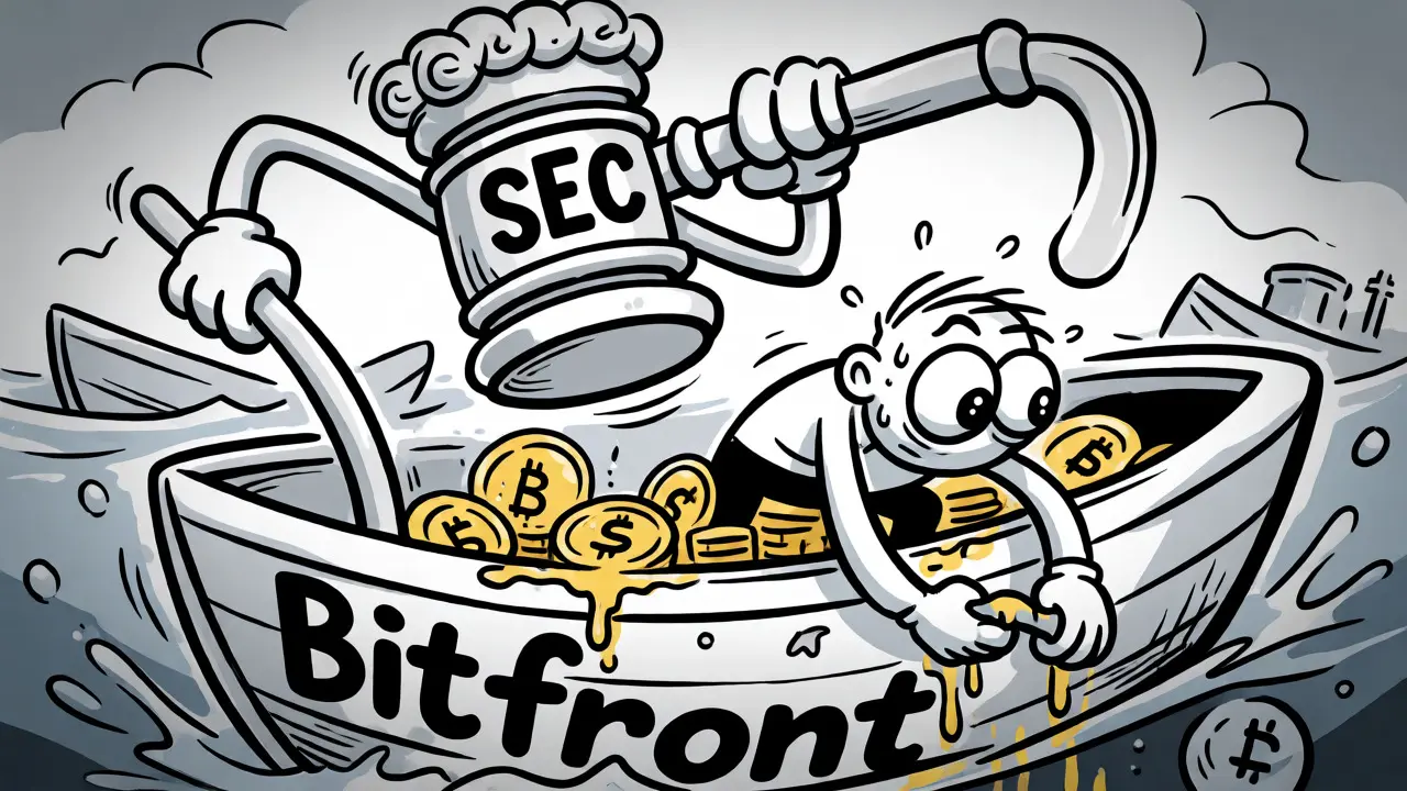 Anthropomorphic gavel character looming over a sweating trader on a sinking crypto boat