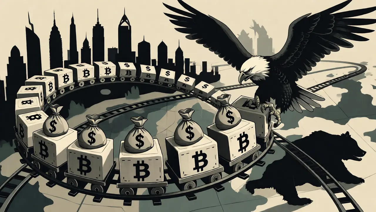 Bitcoin block train navigating global maps while evading a sanctioning eagle.