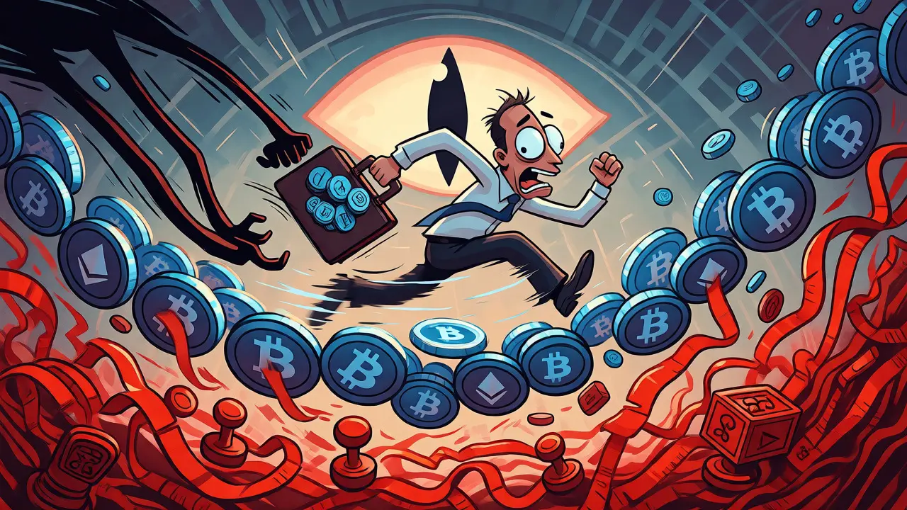 Cartoon businessman fleeing regulators across a bridge of crypto symbols under the watchful eye of surveillance.