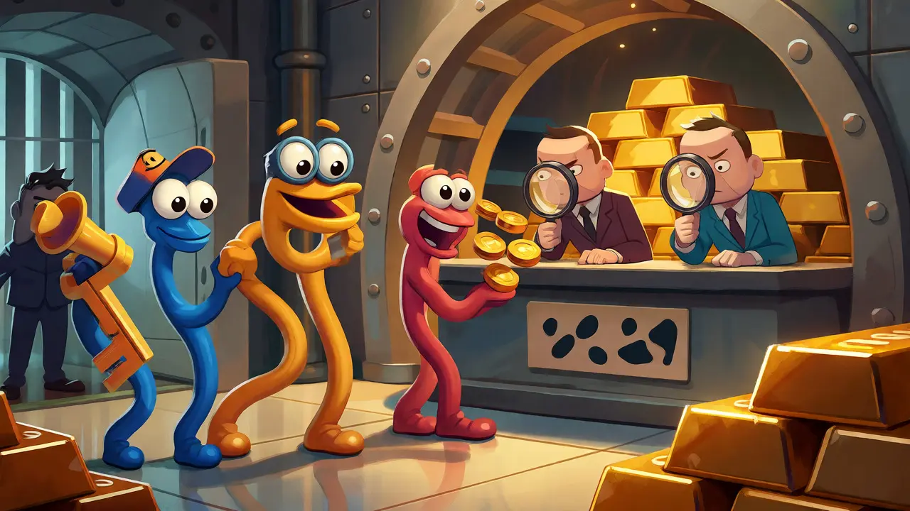 Cartoon characters presenting capital to VARA regulators in a stylized vault.