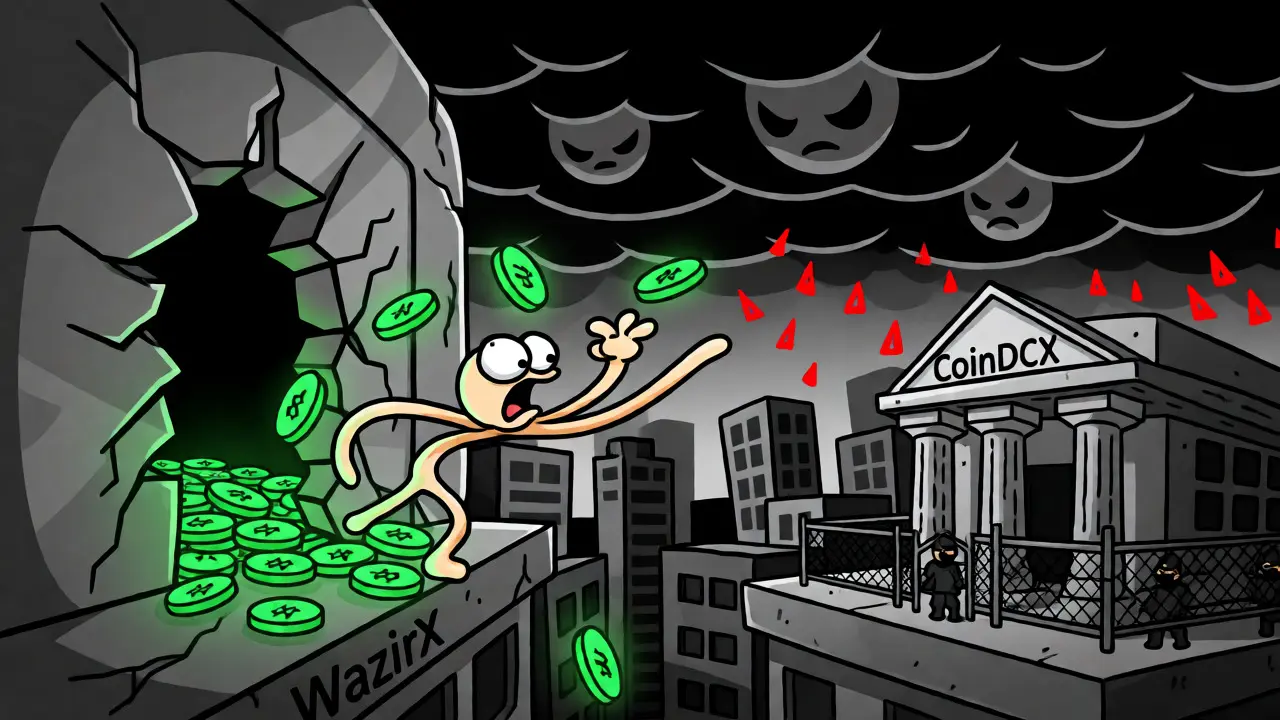 Cartoon depiction of a crypto hack causing chaos compared to secure banks