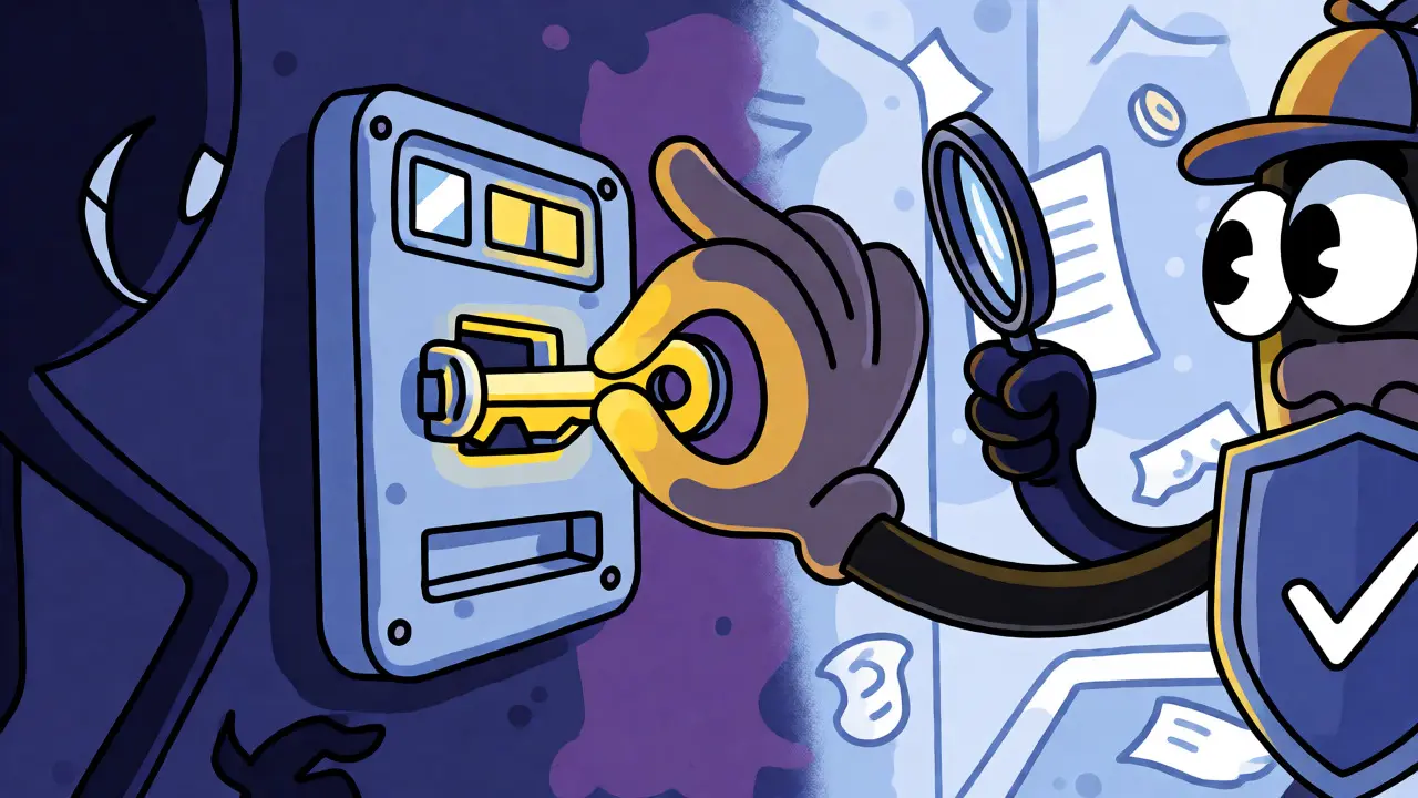 Cartoon detective securing a digital key while fending off a scammer villain.