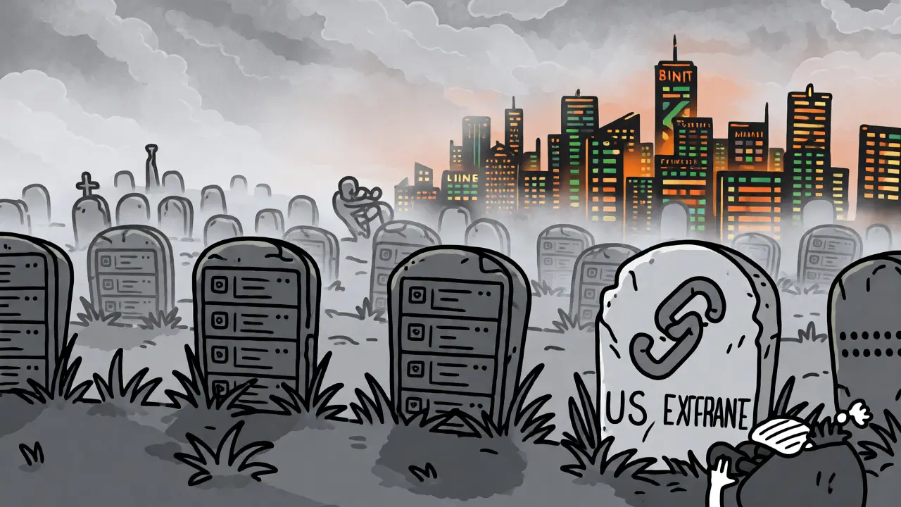 Cartoon graveyard with server-rack tombstones facing a vibrant distant city