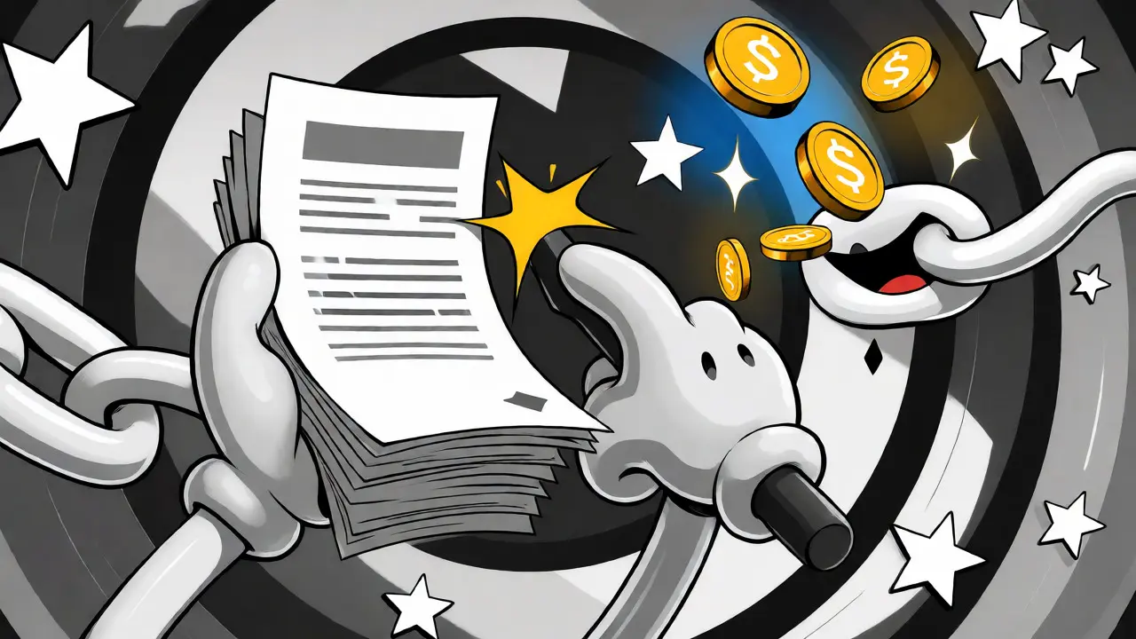 Cartoon hands converting surveys into digital currency via magic
