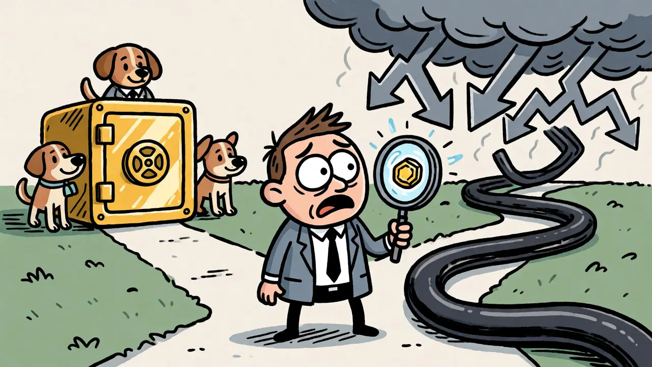 Cartoon investor choosing between a secure vault and a volatile storm path.
