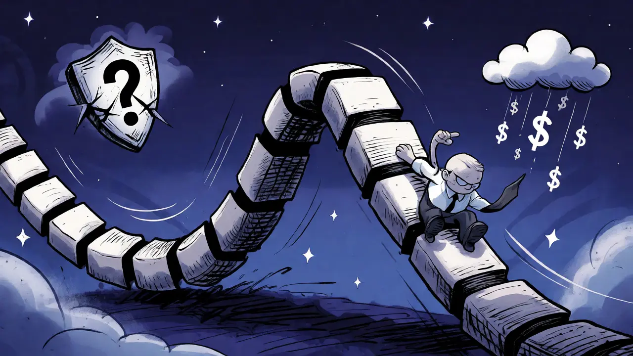 Cartoon investor riding a volatile rollercoaster-style price chart through a starry night.