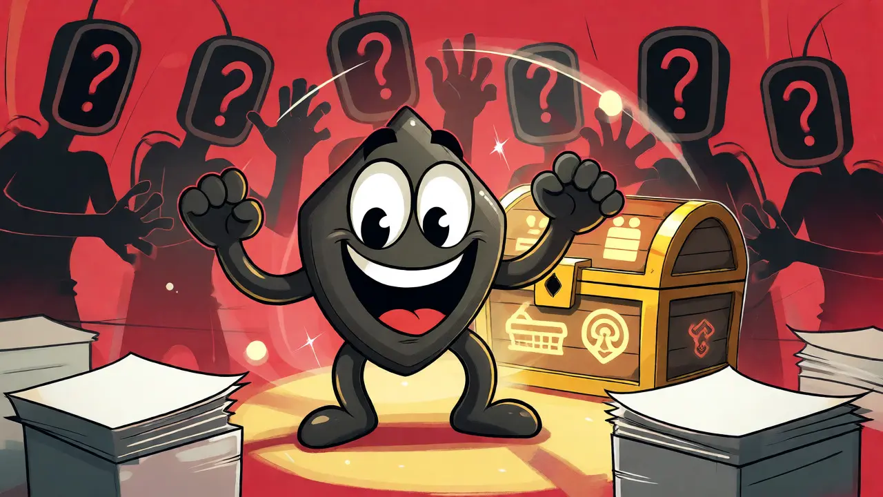 Cartoon mascot protecting private data from shadowy server figures behind a barrier