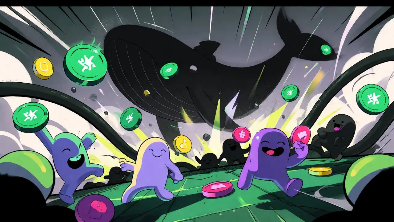 Cartoon traders exchanging coins while a shadowy whale causes market chaos.