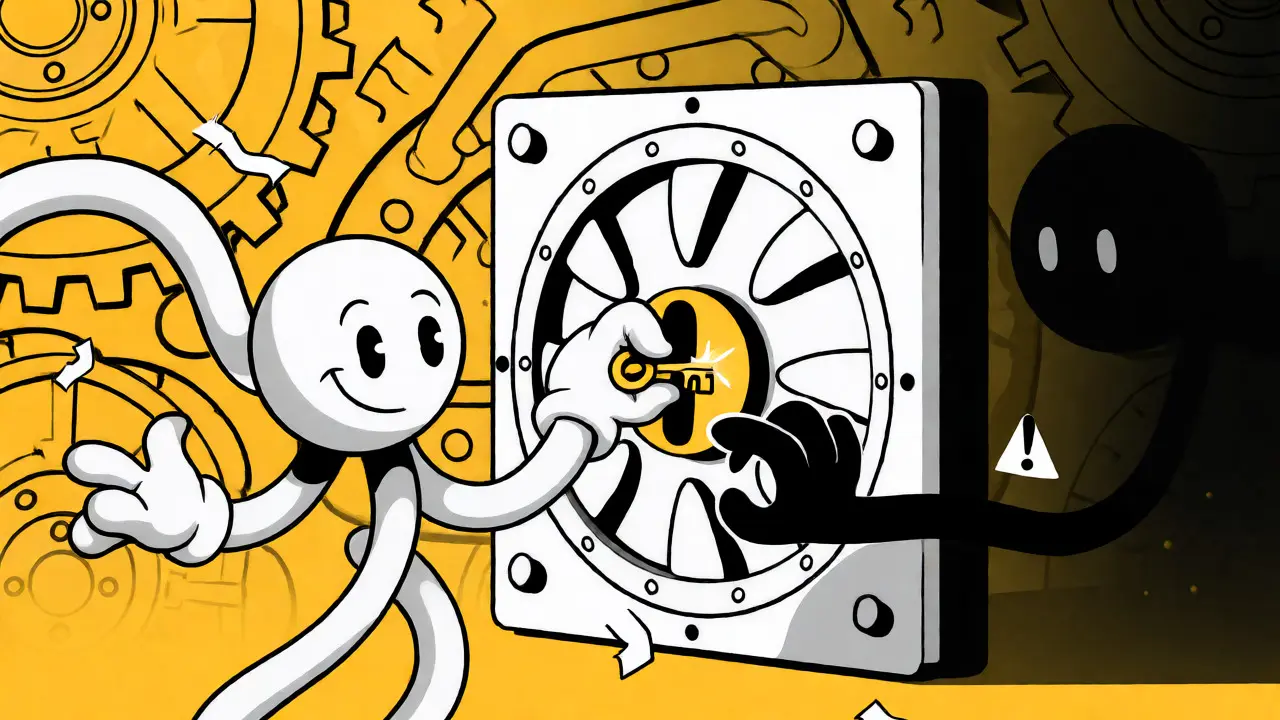 Cartoon user claiming tokens while dodging a phishing scam shadow.