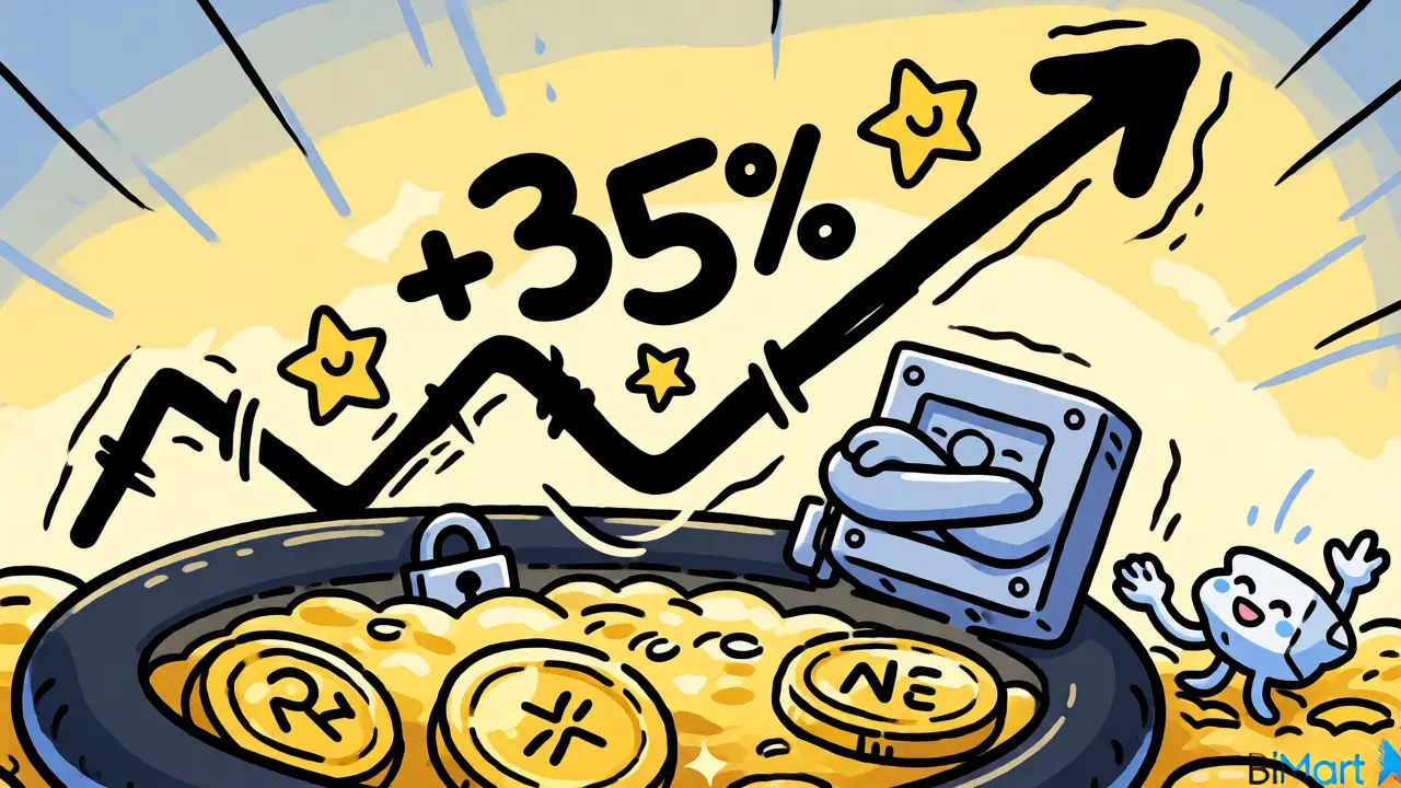 Cartoon vault guarding gold coins while a rising arrow chart indicates positive market performance and liquidity locks.