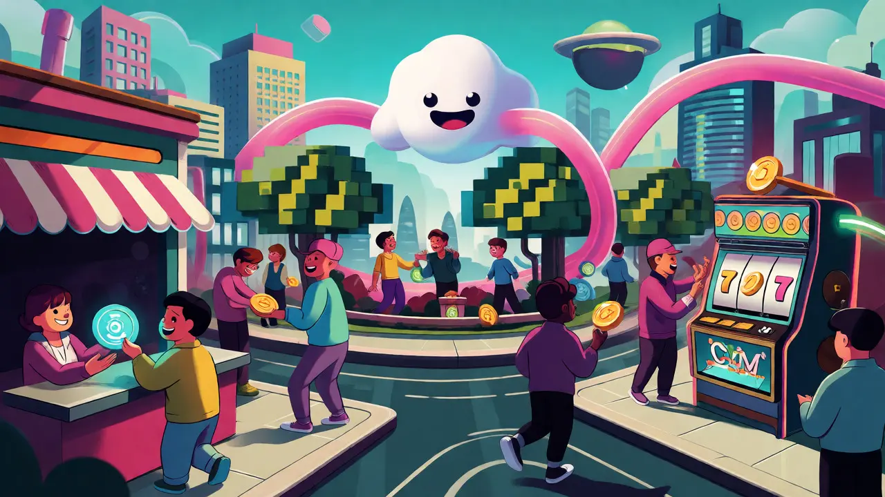 Characters interacting in a vibrant Web3 superapp cityscape