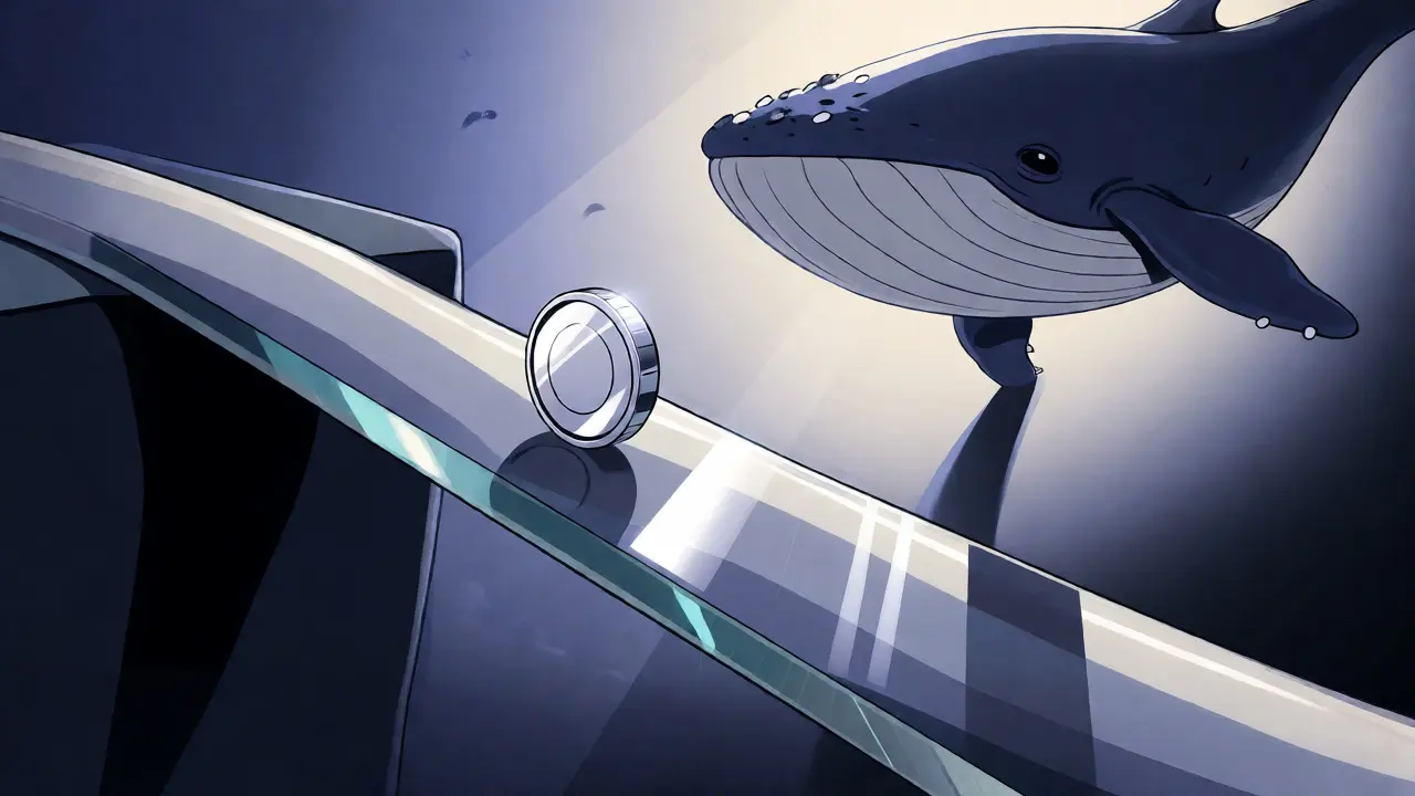 Coin on fragile glass bridge over dark abyss