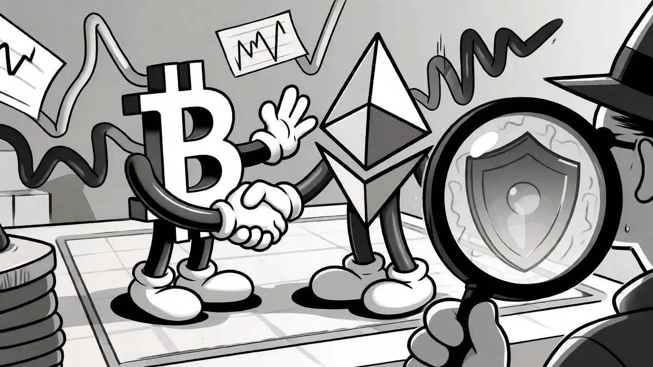 Crypto coins shaking hands while a detective inspects security risks
