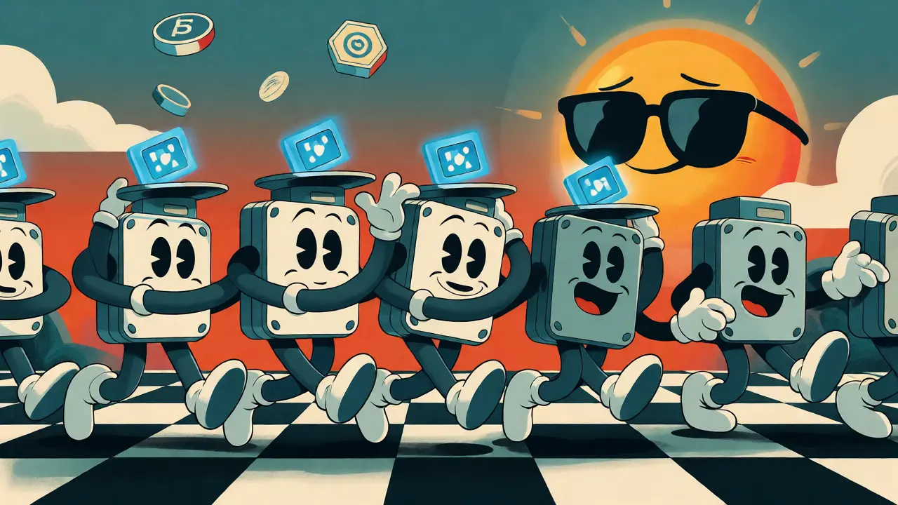 Cute hard drive characters dance carrying data packets in a retro-futuristic decentralized landscape.