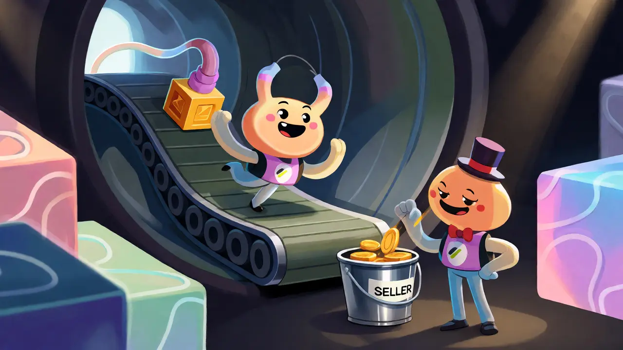 Digital art character sliding through a blockchain marketplace with royalty coins splitting
