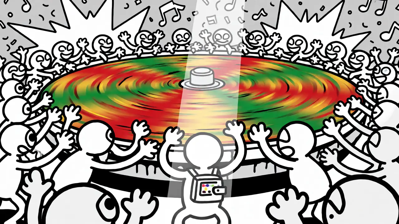 Excited cartoon crowd watching a spinning lottery wheel for BUNI airdrop winners.
