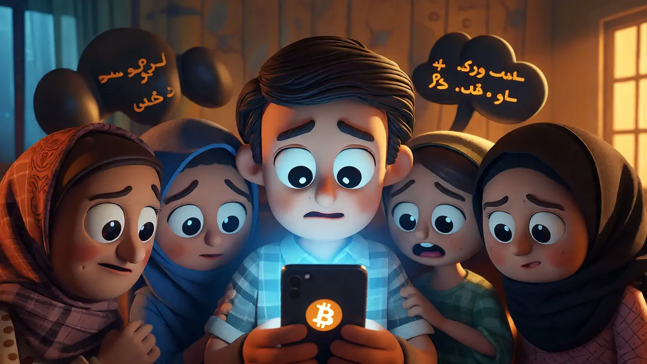 Family looking at phone with Bitcoin logo