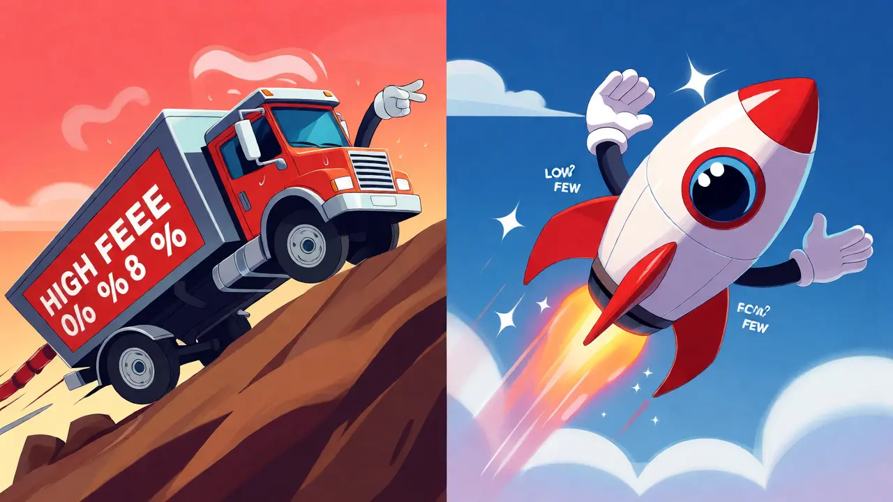 Fast rocket versus slow truck illustrating low versus high trading fees