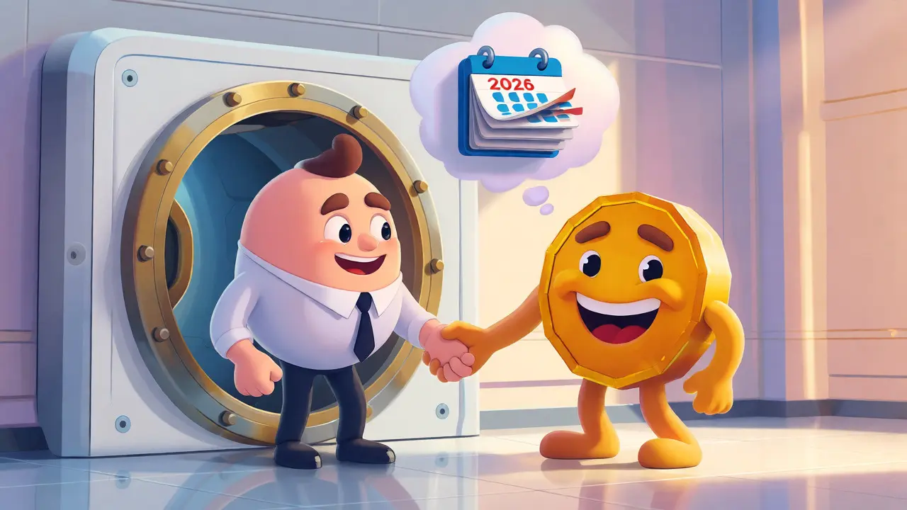 Friendly banker shaking hands with crypto token in front of vault