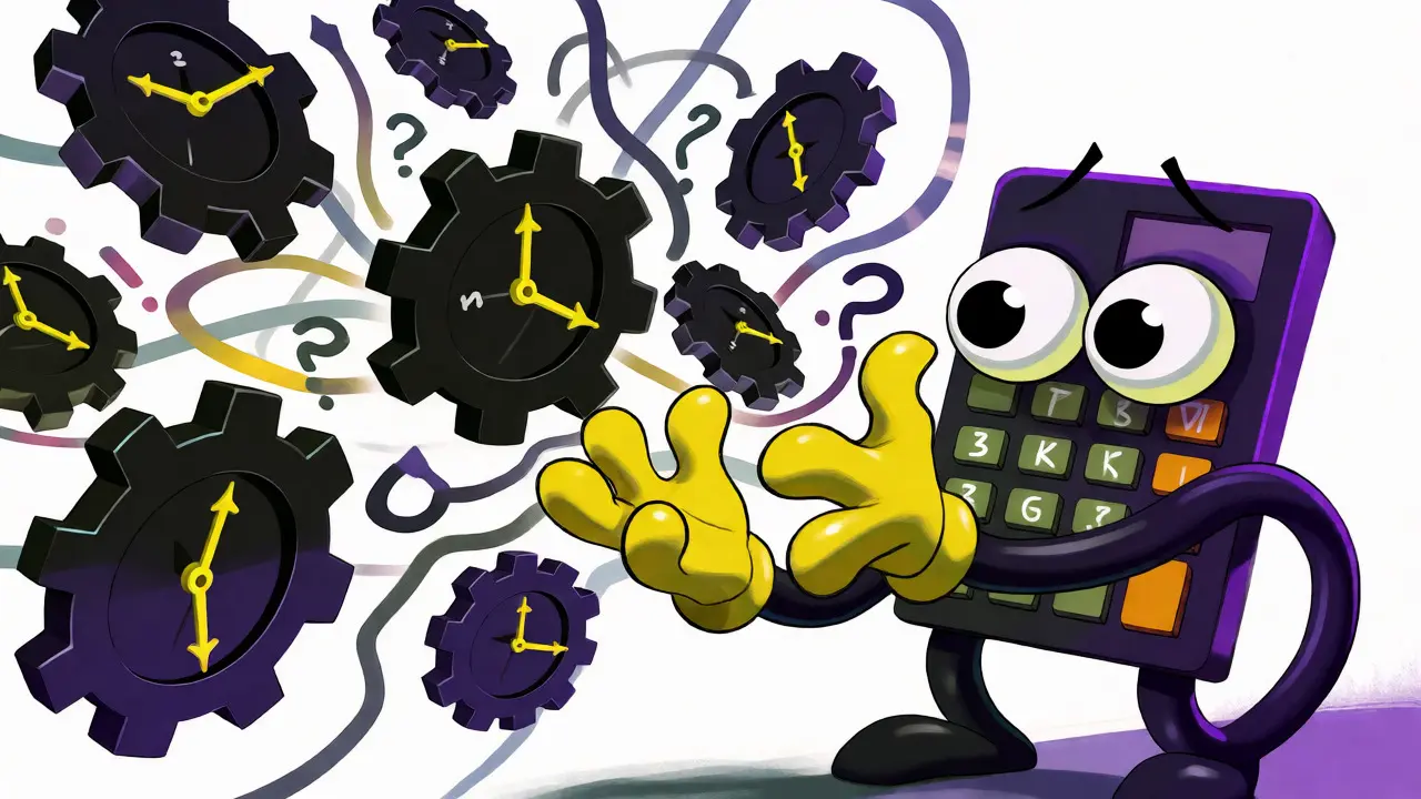 Frustrated calculator chasing confusing floating gears