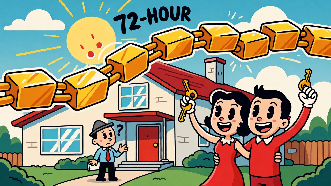 Happy homeowners receiving keys via blockchain ledger