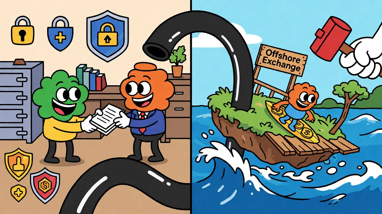Illustration contrasting safe domestic crypto exchanges with risky offshore ones