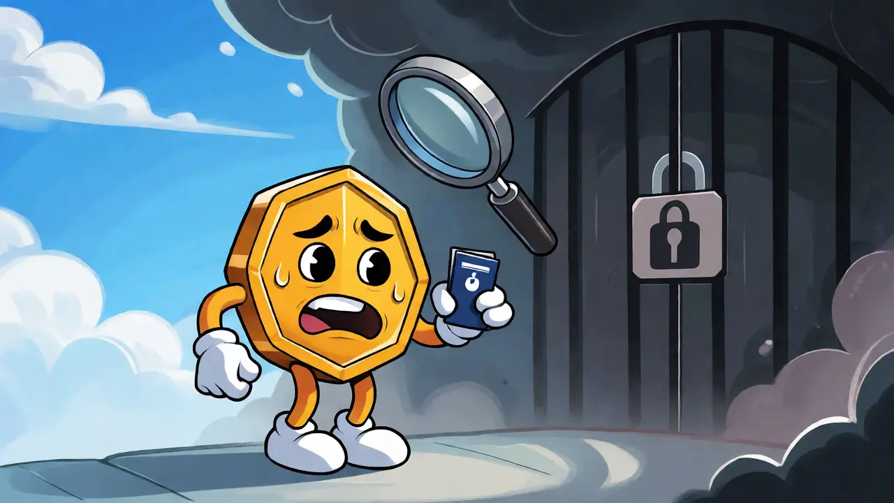 Nervous crypto token facing a padlock gate and magnifying glass, symbolizing KYC risks.