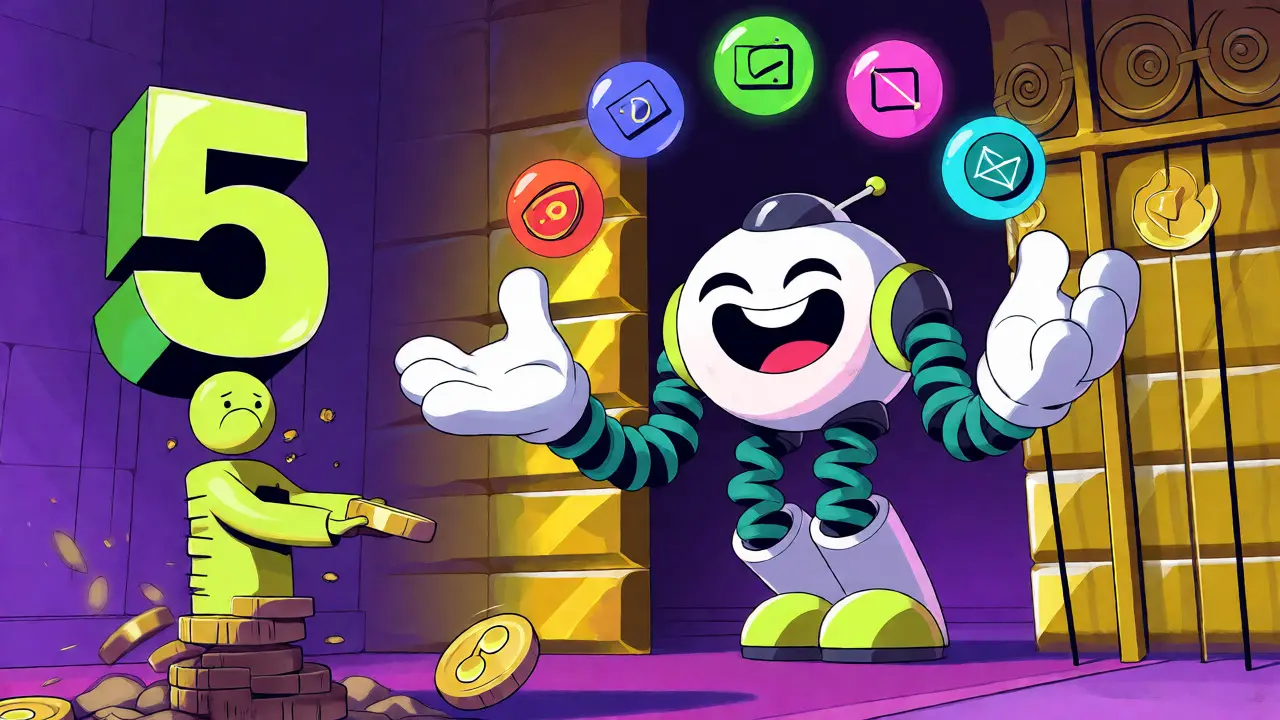 Robot juggling AI orbs behind a token gate