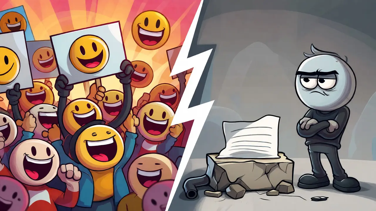 Split scene showing cheering fans versus a skeptic beside an empty pedestal.