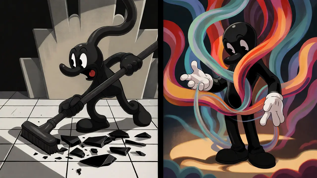 Split screen cartoon contrasting sweeping away shards vs untangling word ribbons