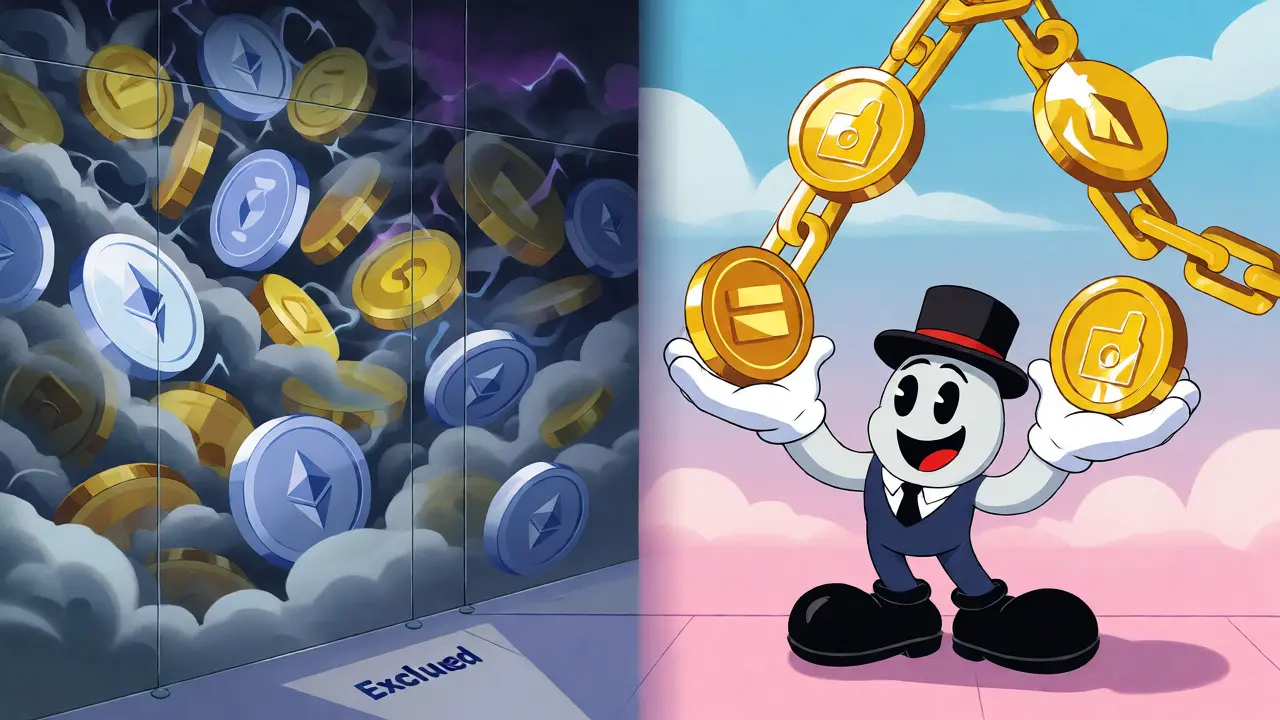 Split screen showing banned crypto vs permitted asset tokens in animation