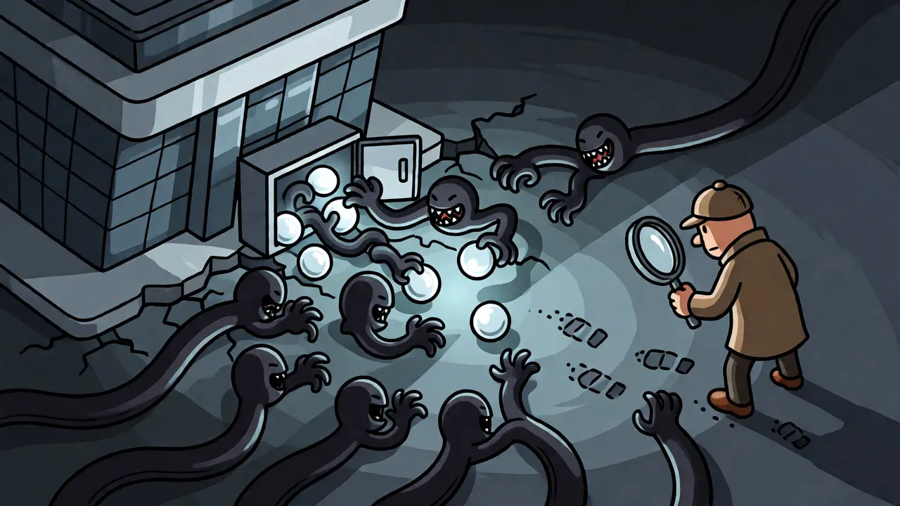 Stylized illustration of hackers stealing digital funds from a cracked exchange while a detective tracks them.