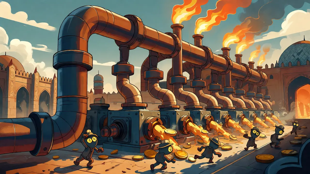 Stylized Iranian mining facility turning gas energy into gold coins.