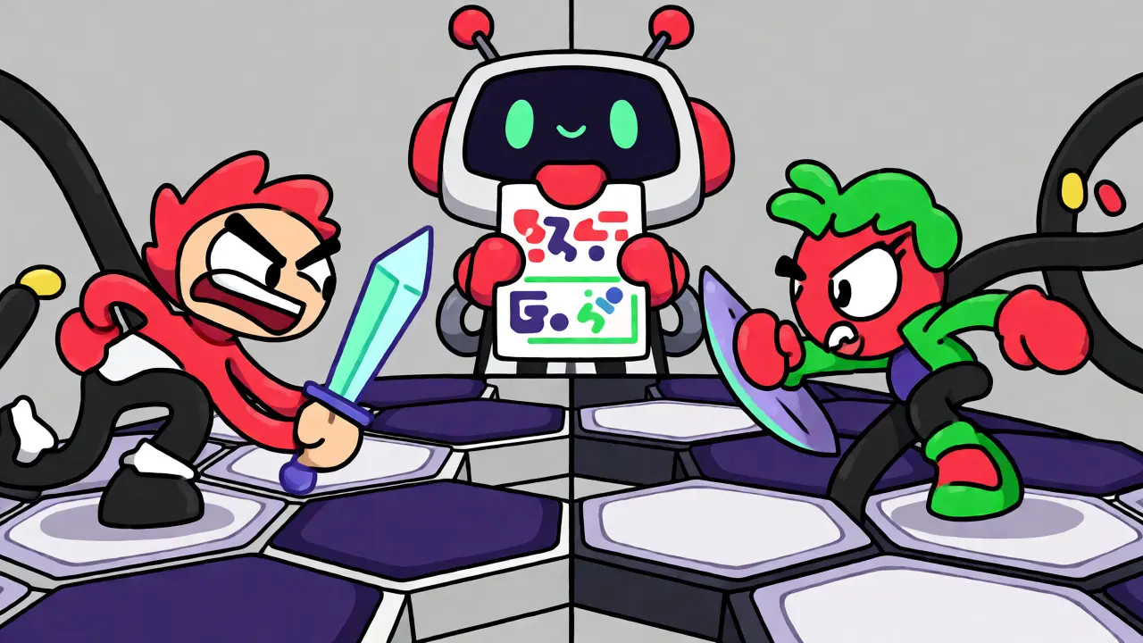 Two cartoon avatars battling in a digital arena overseen by a robot referee.