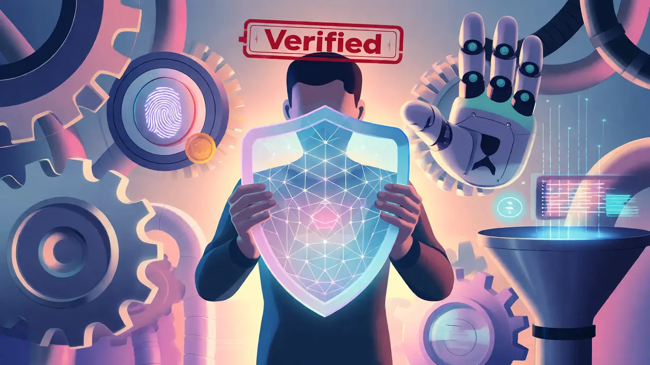 User protected by zero-knowledge proof shield in retro cartoon style