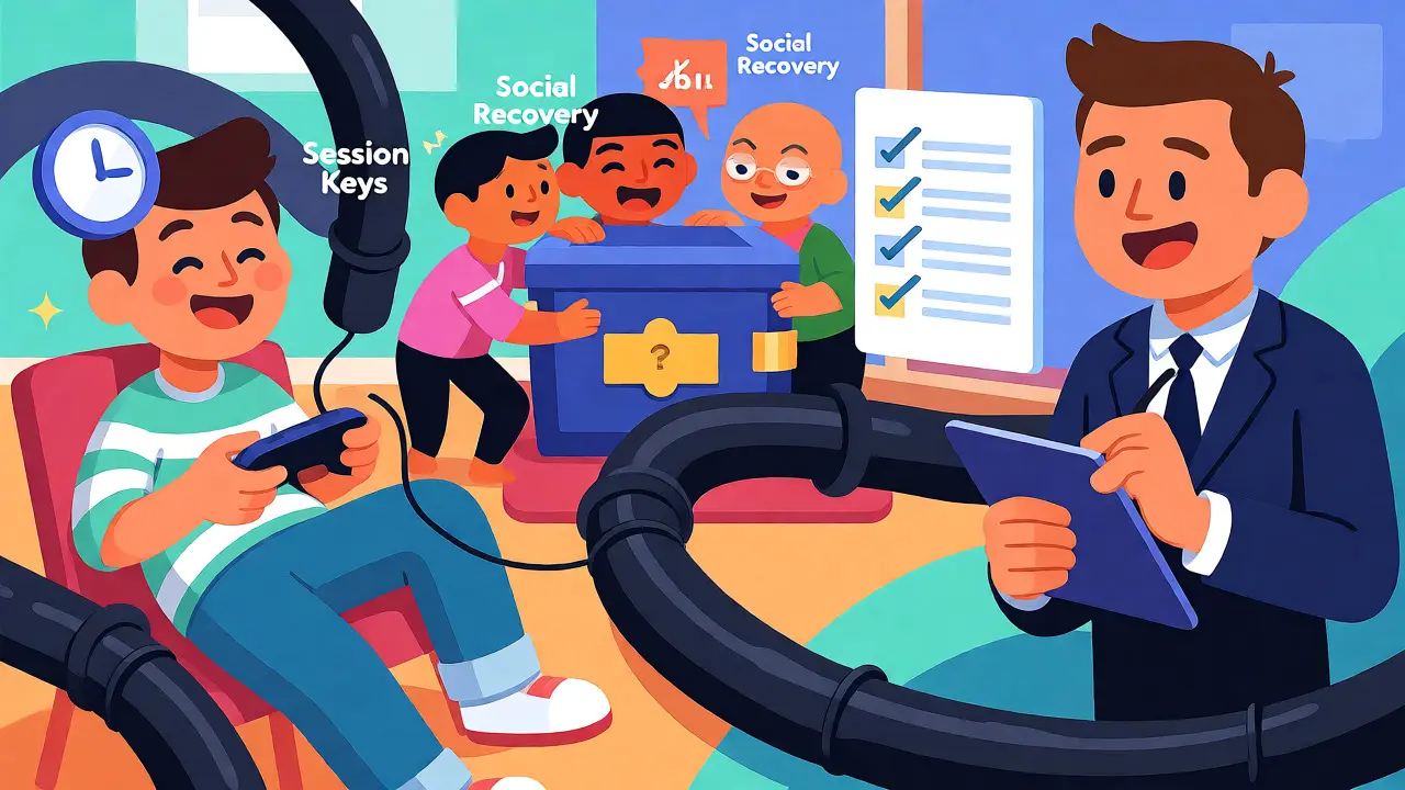 Users enjoying session keys and social recovery in a vibrant cartoon scene