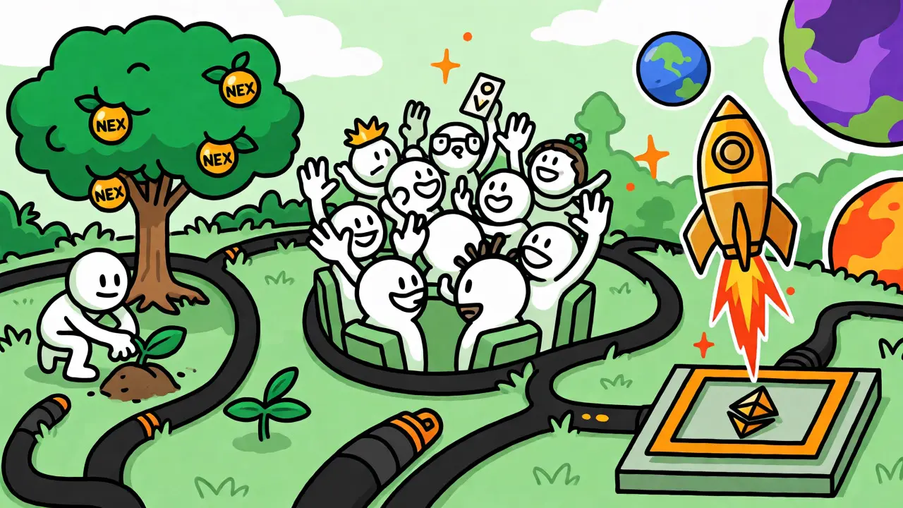 Whimsical roadmap illustration showing staking trees, voting assemblies, and multi-chain expansion rockets in vintage style.
